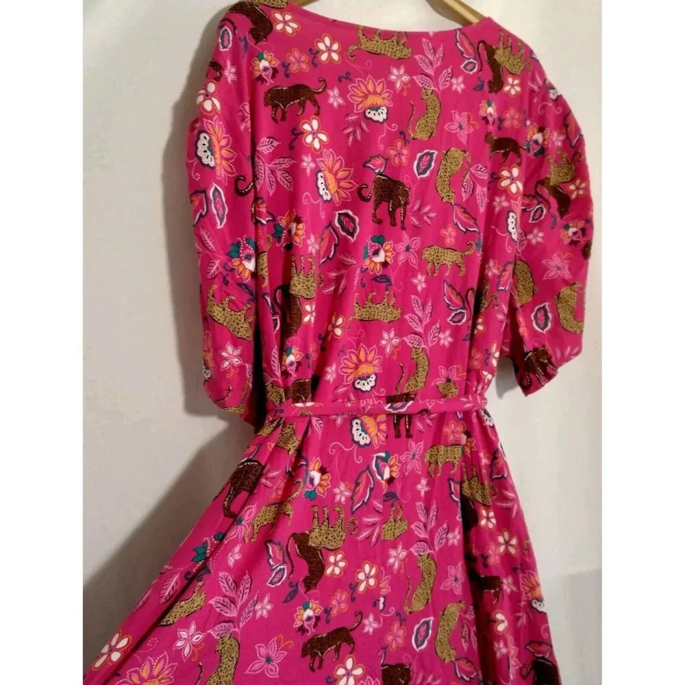 Torrid Size 5 Plus Size Pink Leopard Dress Midi Rouched Short Sleeve Belted Cat - Picture 10 of 16